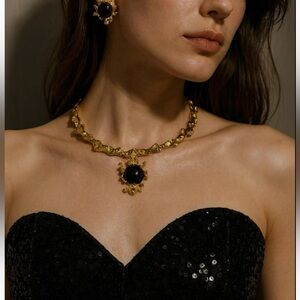 18K Gold-Plated Black Onyx Baroque Necklace Set